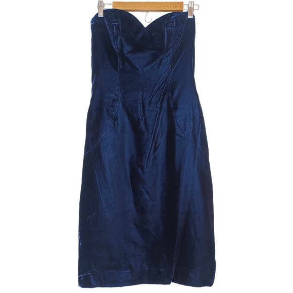 Vintage Dark Academia Deep Blue Velvet Evening Formal Strapless Dress - Picture 2 of 13